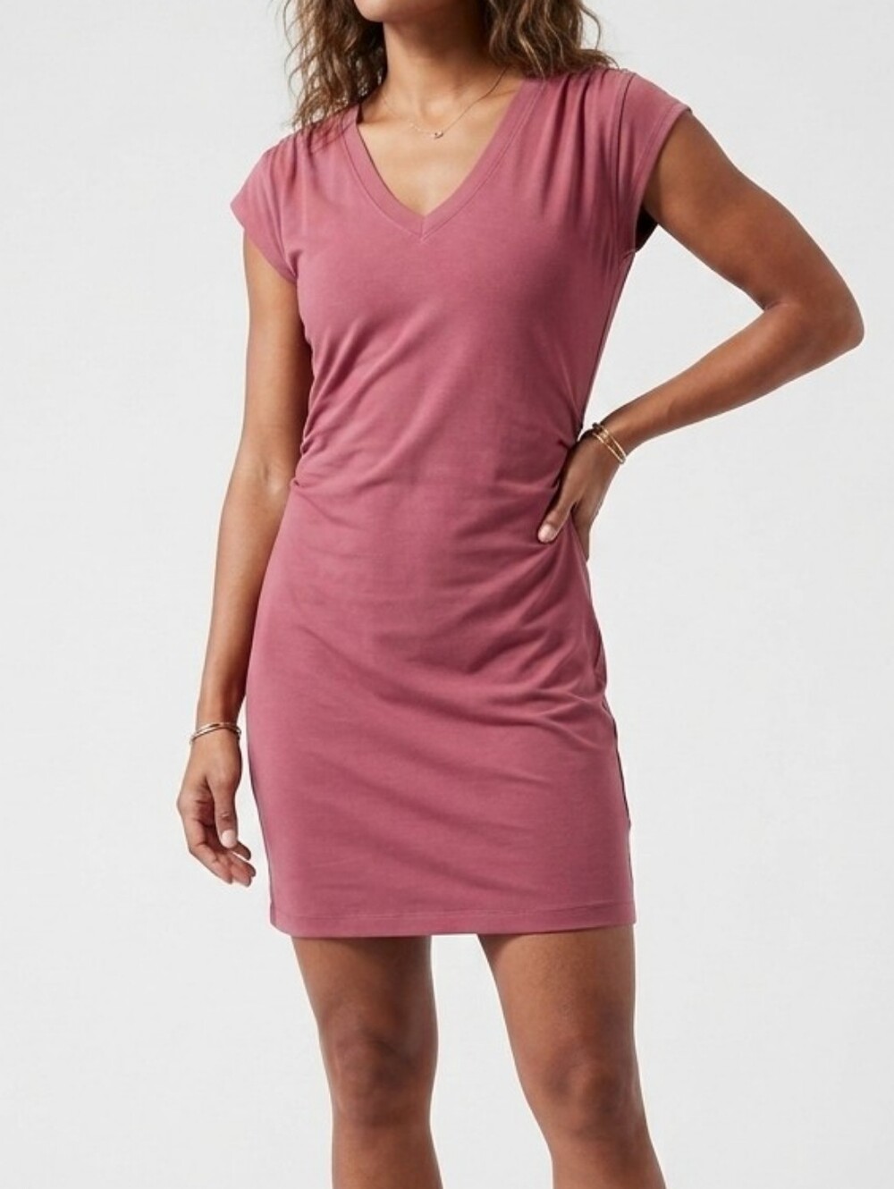 Athleta Women's V-Neck Ruched Waist Tunic Dress - Rosewood